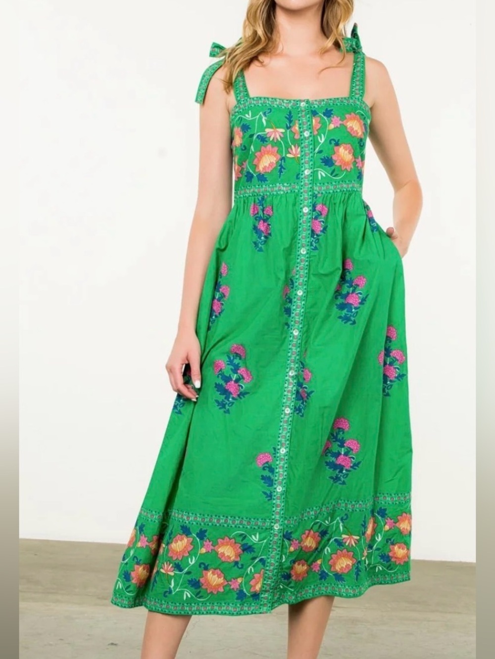 THML Green Floral Embroidered Midi Dress